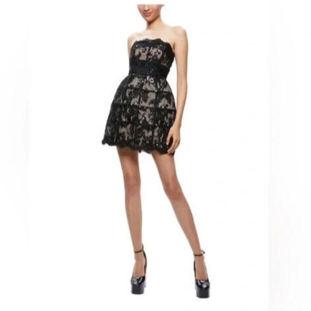 Alice + Olivia Black Gerda Sequins Strapless Lace Mini Gown Dress